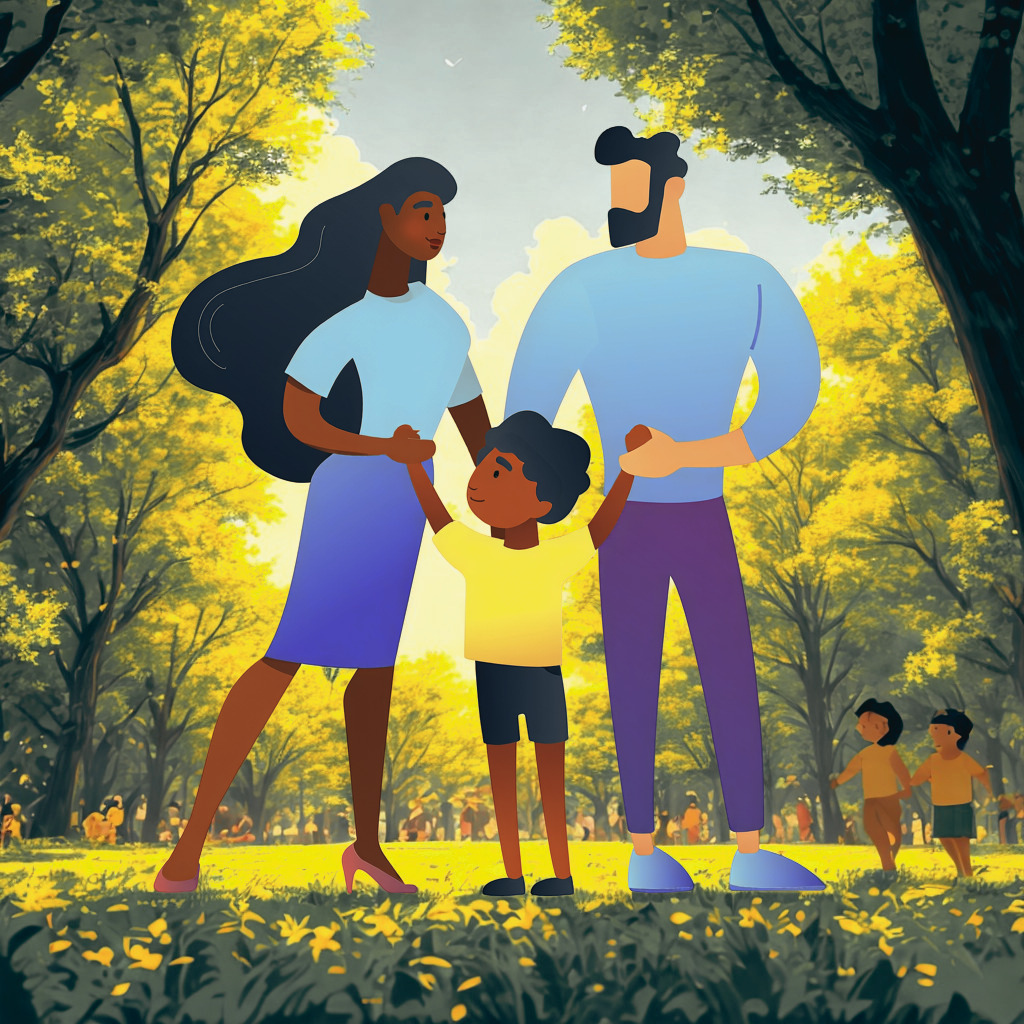 Ilustração de uma família de mãos dadas a passear num parque