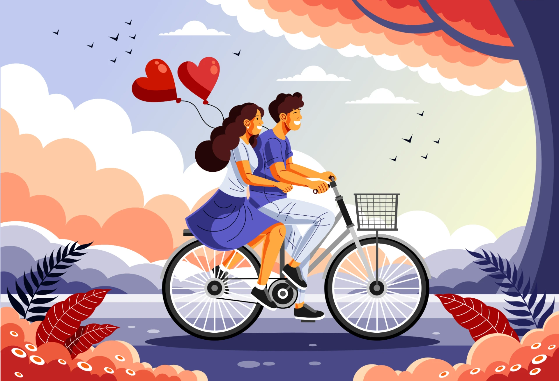 Ilustração de um casal a pedalar juntos, com balões em forma de coração